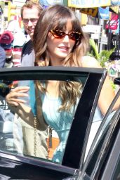 Nina Dobrev Wearing a Cute Summer Dress and Matching Teal Heart-shaped Mini Tote - New York 07/12/2023