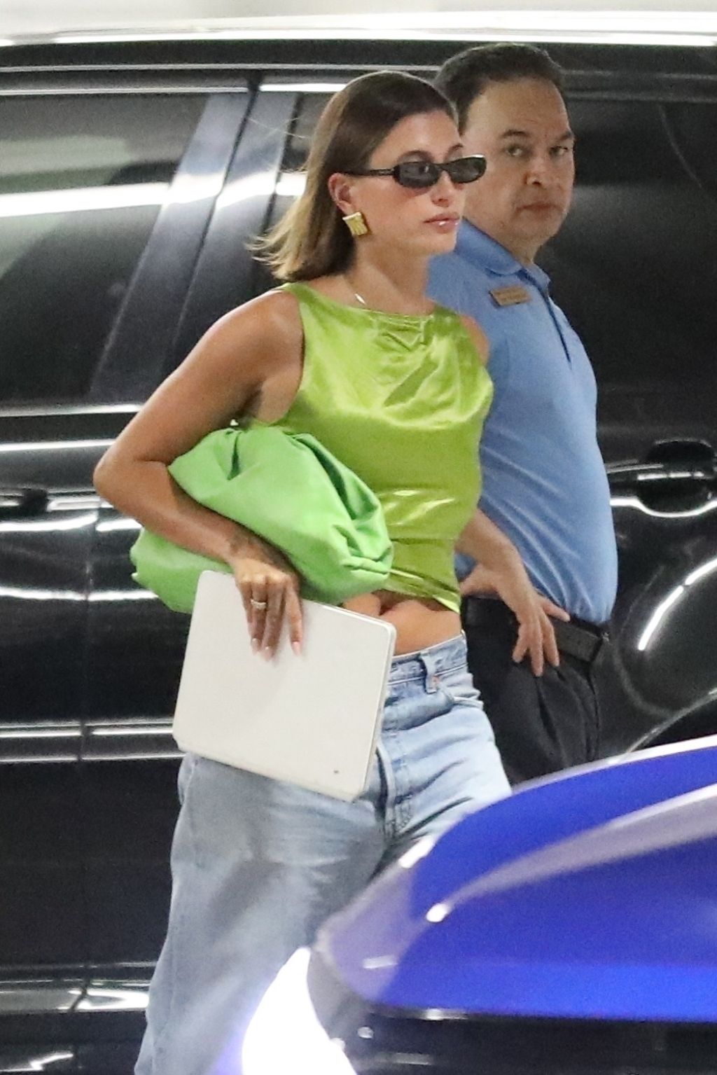 Hailey Bieber Steps Out in Neon Green Prada Crop Top in Beverly Hills