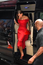 Hailey Rhode Bieber in Red Dress and Glam Peep Toe Heels in NYC 08/28/2023
