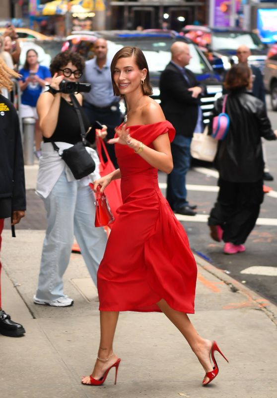 Hailey Rhode Bieber in Red Dress and Glam Peep Toe Heels in NYC 08/28/2023