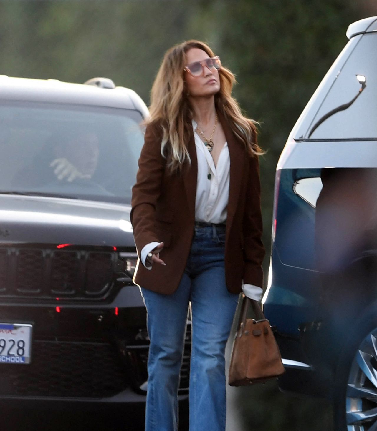 Jennifer Lopez in a Brown Blazer Jacket and Blue Denim Jeans in Los ...