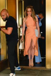 Jennifer Lopez in a Peach Colored Sleeveless Summer Dress in New York 08/14/2023