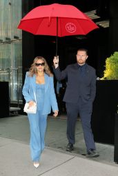 Jessica Alba in a Denim Suit - Leaves the Baccarat Hotel for GMA in New York 08/17/2023