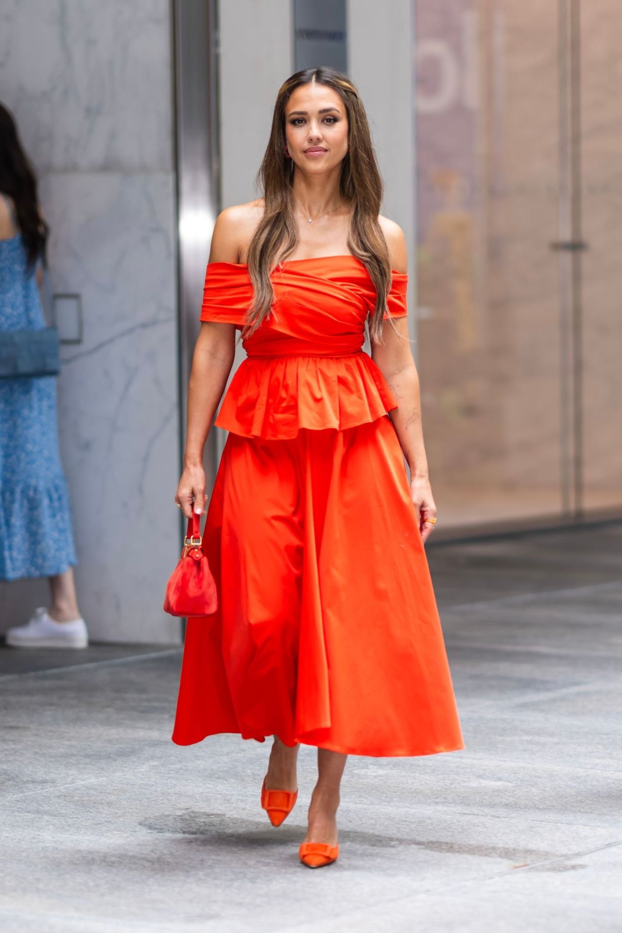 42 Year Old Jessica Alba in Gorgeous Orange Dress and Heels Out in NYC