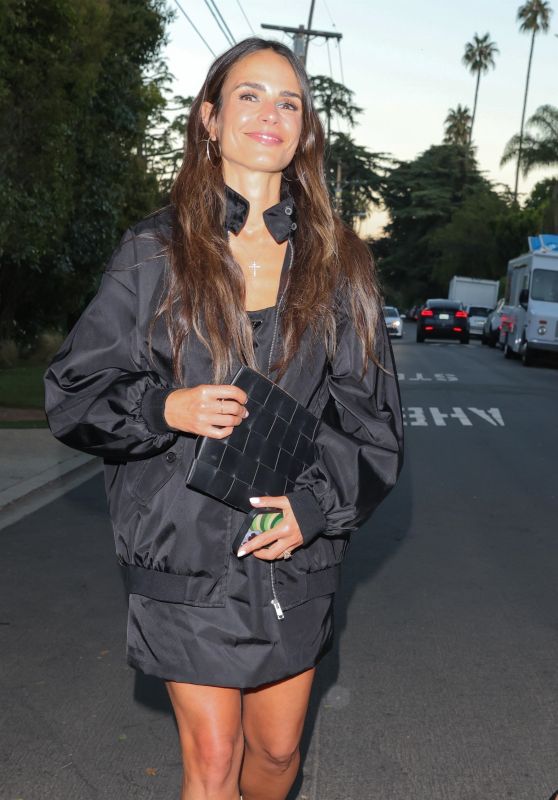 Jordana Brewster Wearing a Black Bomber Jacket in Brentwood 08/26/2023