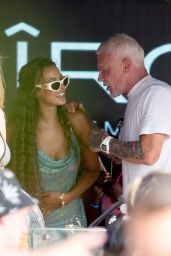Maya Jama in a Bikini and Transparent Blue Mesh Dress Celebrates Her Birthday at Ibiza Ocean Beach Club 08/10/2023