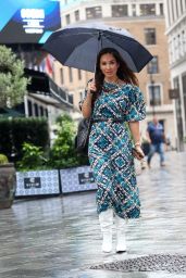 Myleene Klass Wearing a Print Dress and Knee High Boots in London 08/18/2023
