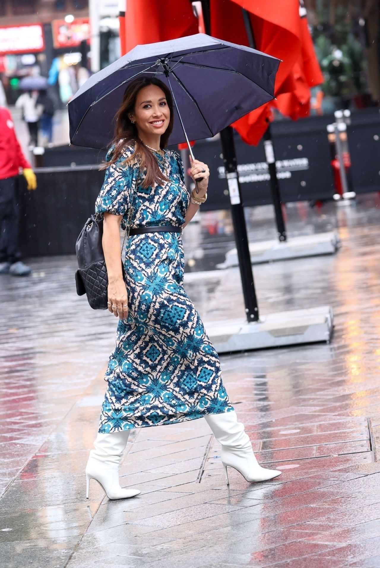 Myleene Klass Wearing a Print Dress and Knee High Boots in London 08/18