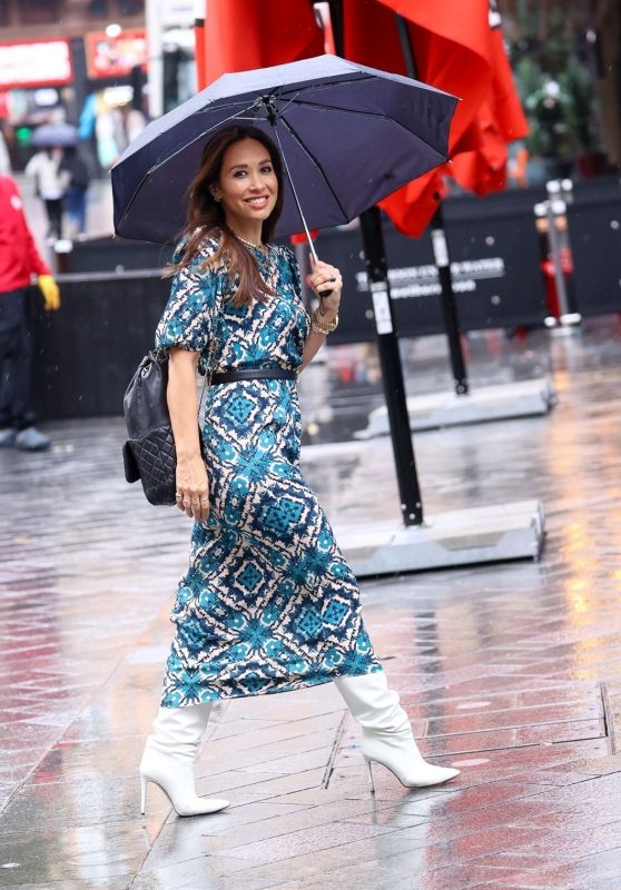 Myleene Klass Wearing a Print Dress and Knee High Boots in London 08/18/2023