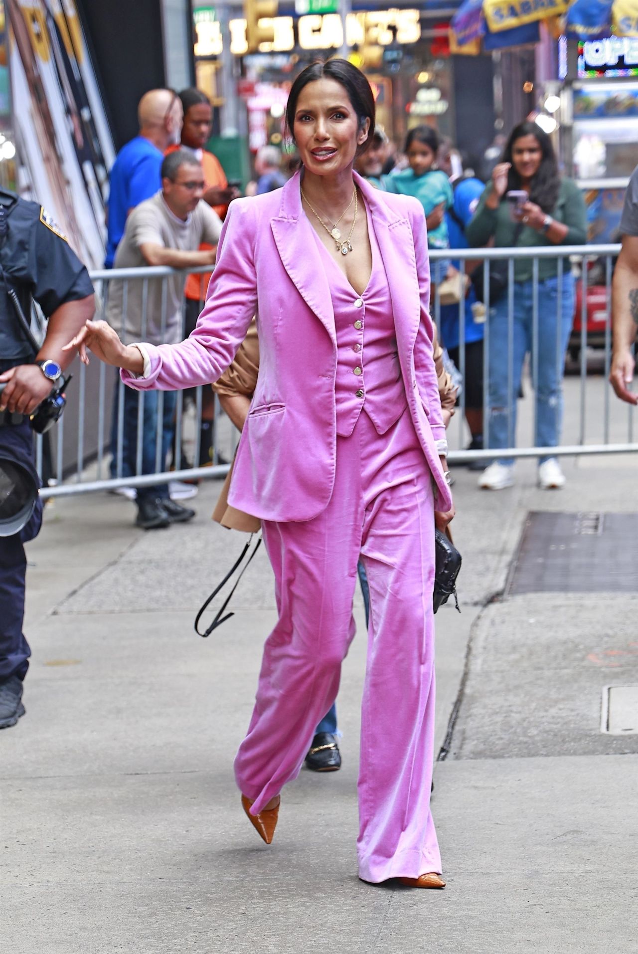 Padma Lakshmi in an All-pink Ensemble Outside GMA in New York 08/15