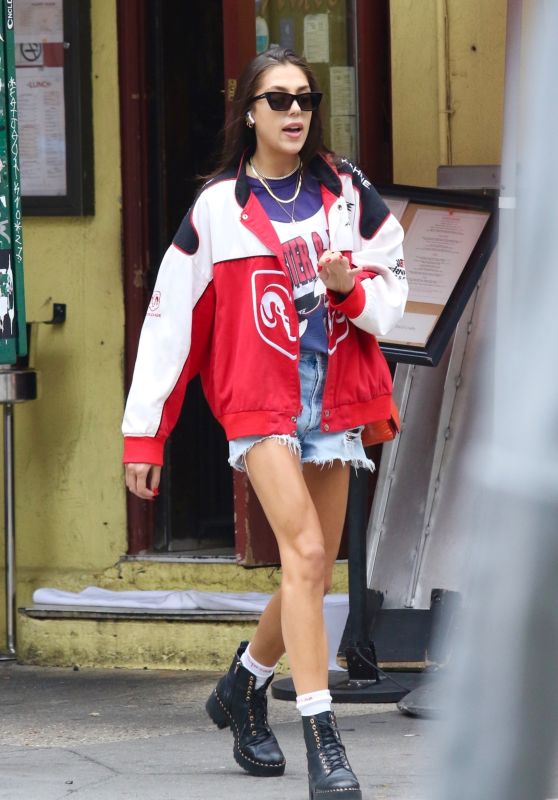 Sistine Stallone in a Red Jacket and Short Shorts in New York 08/25/2023