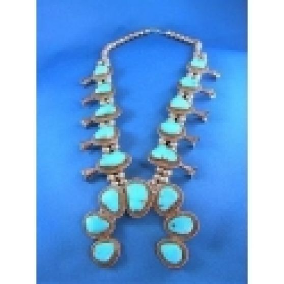 Vintage Navajo Indian Turquoise & Sterling Silver Squash Blossom Necklace