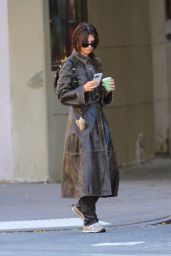 Emily Ratajkowski a Long Brown Leather Trench Coat With Black Leather