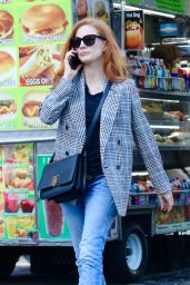 Jessica Chastain in a Patterned Blazer and Jeans in NYC 09/14/2023