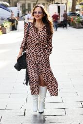 Myleene Klass in a Patterned High Split Dress and White Boots in London 09/14/2023