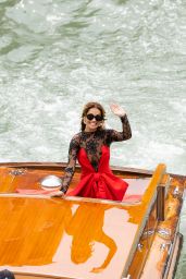Rita Ora in Long Moschino Red Dress in Venice 08/30/2023