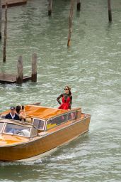 Rita Ora in Long Moschino Red Dress in Venice 08/30/2023