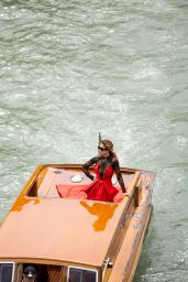 Rita Ora in Long Moschino Red Dress in Venice 08/30/2023