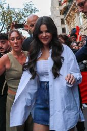 Selena Gomez in a Denim Skirt and Knee-high Snakeskin Boots at Manko in Paris 09/26/2023