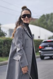 Tamara Kalinic Wears Grey Coat, Bag and Black Dress - Outside Gucci Show in Milan 09/22/2023