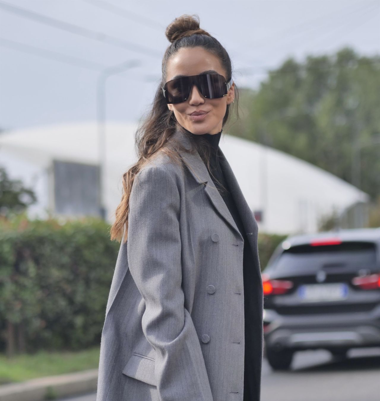 Tamara Kalinic Wears Grey Coat, Bag and Black Dress - Outside Gucci