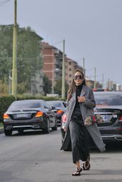Tamara Kalinic Wears Grey Coat, Bag and Black Dress - Outside Gucci Show in Milan 09/22/2023
