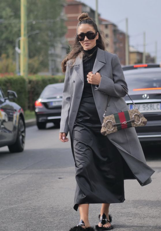 Tamara Kalinic Wears Grey Coat, Bag and Black Dress - Outside Gucci ...