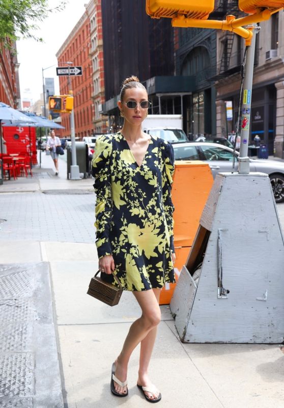 Whitney Port in an Abstract Floral Pattern Black and Yellow Dress at Lure Fishbar in New York 09/11/2023
