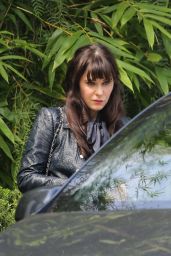 Zooey Deschanel in a Blue Leather Jacket and Black Skirt at San Vicente Bungalows in West Hollywood 09/22/2023