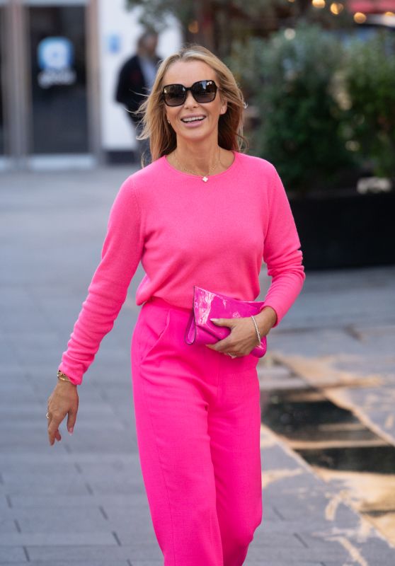 Amanda Holden Wearing Neon Pink Jumper and Trousers in London 10/10/2023