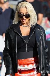 Christina Aguilera Wearing a Leather Jacket a Kiss Skirt at the Jimmy Kimmel Live! Show in Hollywood 10/16/2023