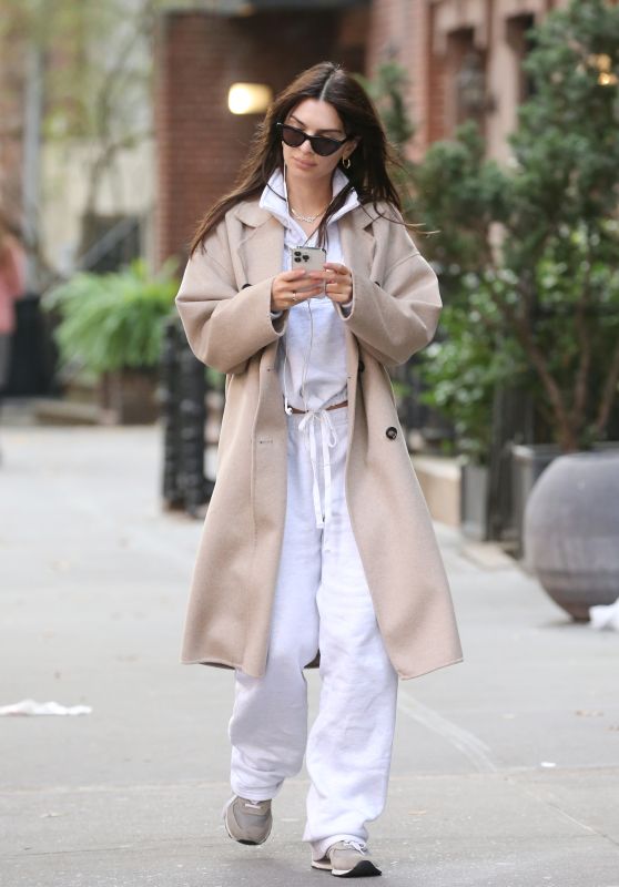 Emily Ratajkowski in White Sweats and a Trench Coat in New York 10/18/2023