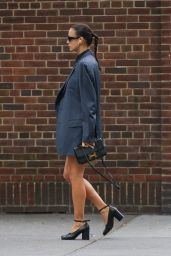 Irina Shayk Wearing a Hermes Bag and Oversized Blazer in New York 10/18/2023