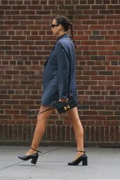 Irina Shayk Wearing a Hermes Bag and Oversized Blazer in New York 10/18/2023