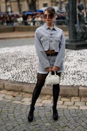 Katherine Langford in Denim Jacket and Matching Denim Skirt at Paris Fashion Week 10/03/2023