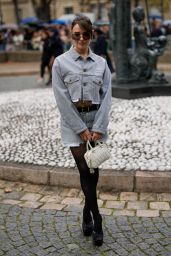 Katherine Langford in Denim Jacket and Matching Denim Skirt at Paris Fashion Week 10/03/2023