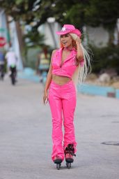 Lisa Opie in a Pink Latex Cowgirl Outfit Before a Halloween Event October 2023