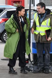 Michelle Keegan - Filming Brassic at a Petrol Station in Oldham, Manchester 10/13/2023