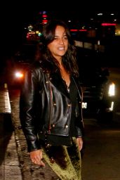Michelle Rodriguez in a Leather Jacket and Velvet Leggings at Chateau Marmont in West Hollywood 10/14/2023