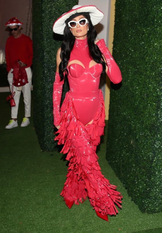 Paris Hilton Wears a red Mushroom Princess Costume in West Hollywood 10/28/2023