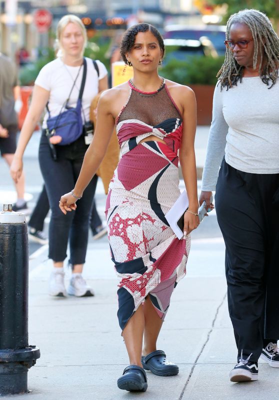 Zazie Beetz in an Emilio Pucci Halter Maxi Dress and Crocs at "The Dutchman" Set in New York 10/11/2023