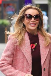 Amanda Holden Wearing a Burgundy Knitted Dress and Pink Coat in London 11/09/2023