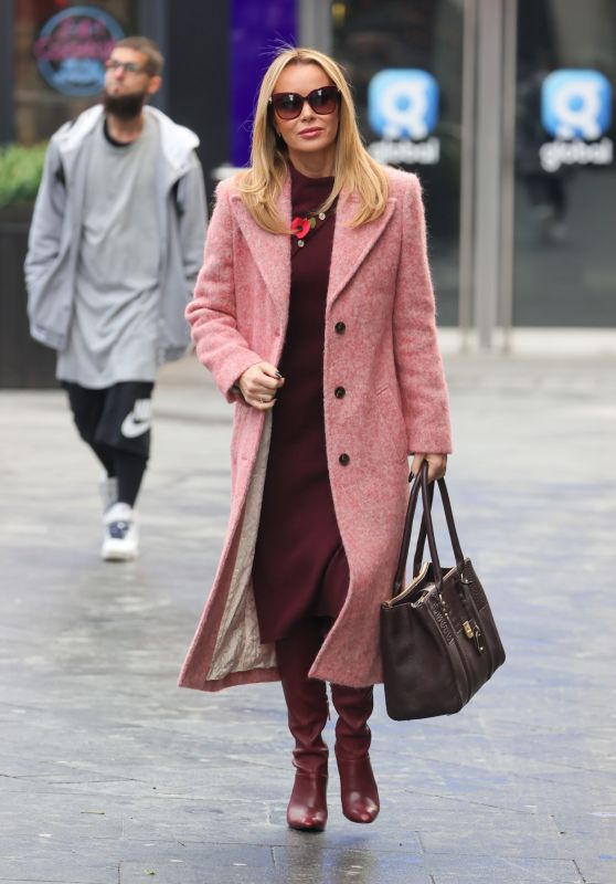 Amanda Holden Wearing a Burgundy Knitted Dress and Pink Coat in London ...