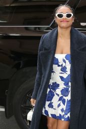 Ariana DeBose in a Blue and White Rose Dress, White Michael Kors Sunglasses and Blue Overcoat - Arrives at The View in New York City 11/14/2023