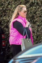 Elizabeth Berkley in a Bright Pink Puffer Vest in Los Angeles 11/20/2023