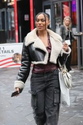 Ella Thomas in Denim Cargo Trousers and Sheepskin Coat in London 11/02/2023