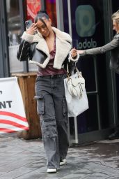 Ella Thomas in Denim Cargo Trousers and Sheepskin Coat in London 11/02/2023