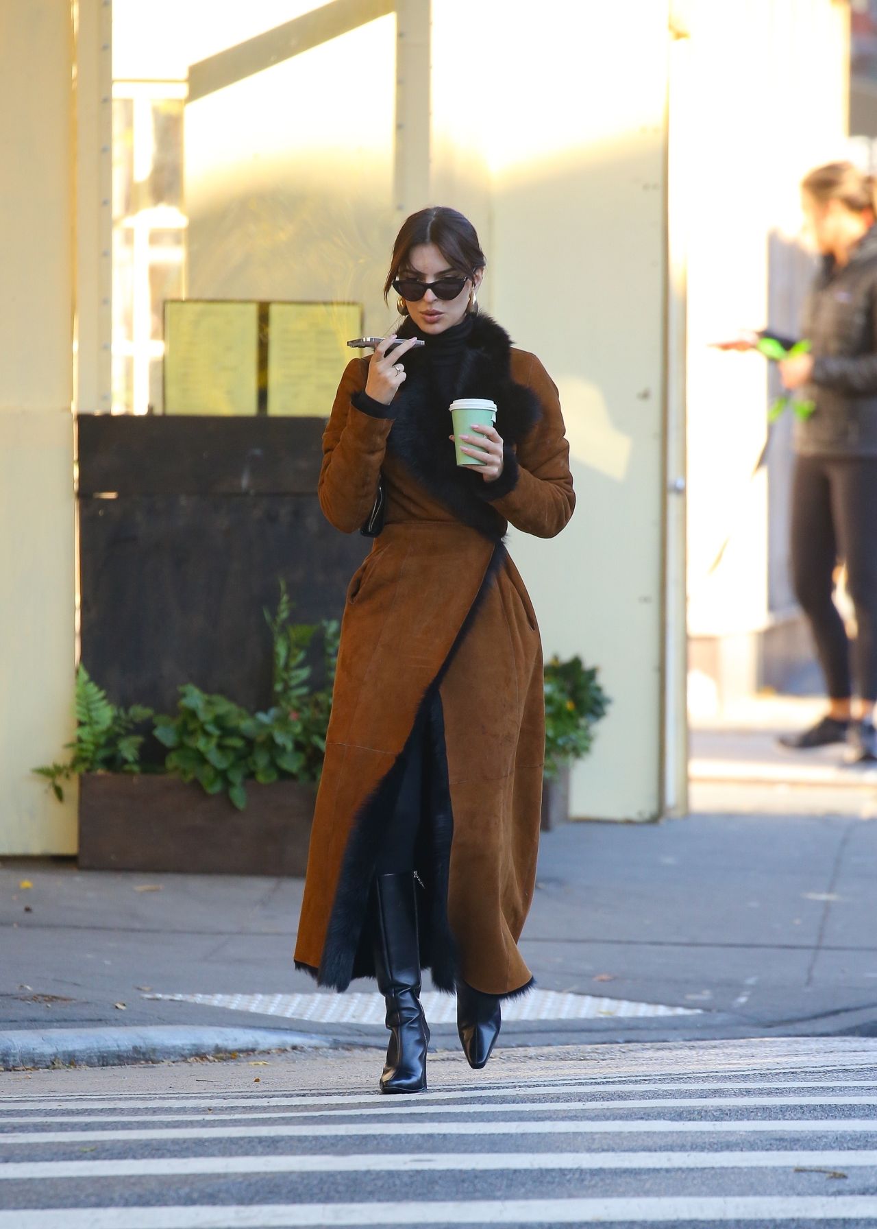 Emily Ratajkowski in a Brown Coat and Black Boots in NYC 11/15/2023 ...