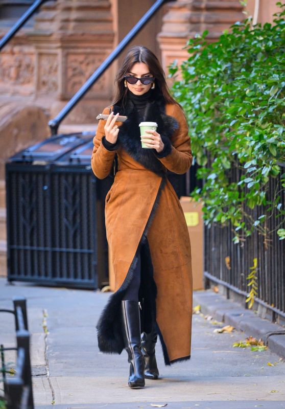 Emily Ratajkowski in a Brown Coat and Black Boots in NYC 11/15/2023