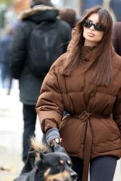 Emily Ratajkowski in a Brown Puffer Coat and Black Pants in New York City 11/21/2023